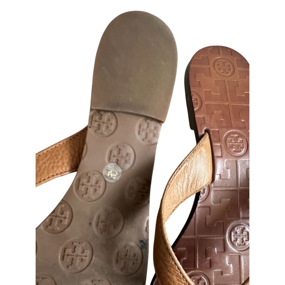 TORY BURCH Tan Gold Leather Strap Flip Flop Sandals Size 8 - Picture 7 of 10